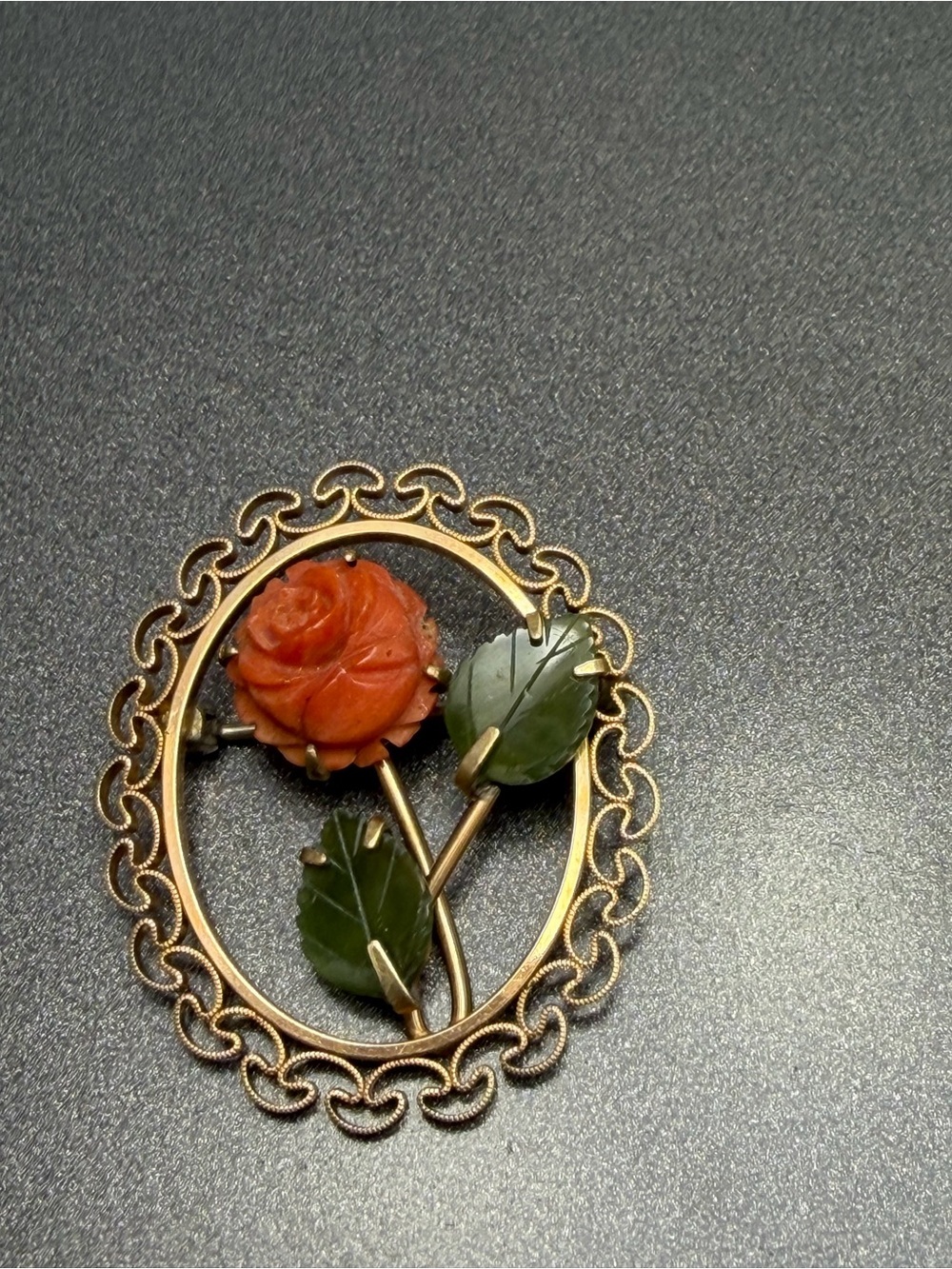 Vintage Krementz Coral Rose and Jade Leaf gold filled #cz143